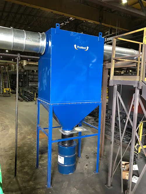 Dura-box in blue with duct work coming out the left and right side of the machine