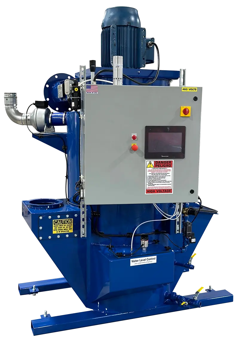 Uni-Wash UC-20 with AccuScrub Controls ProVent wet dust collector with integrated touchscreen control panel, motor assembly, and water level control components for automated wet dust collection and process monitoring.