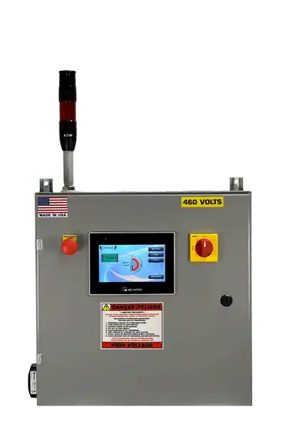 Control panel with 7 inch touchscreen e-stop and alarm stack