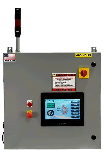 Control panel with 10 inch touchscreen e-stop with red light and alarm stack