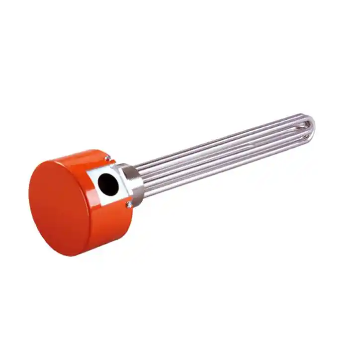 Industrial heating element with an orange electrical housing and long stainless steel rods, used for heating applications in various industrial processes.