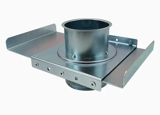 Metal ductwork adapter with a round central opening and mounting brackets, designed for industrial ventilation and dust collection systems.