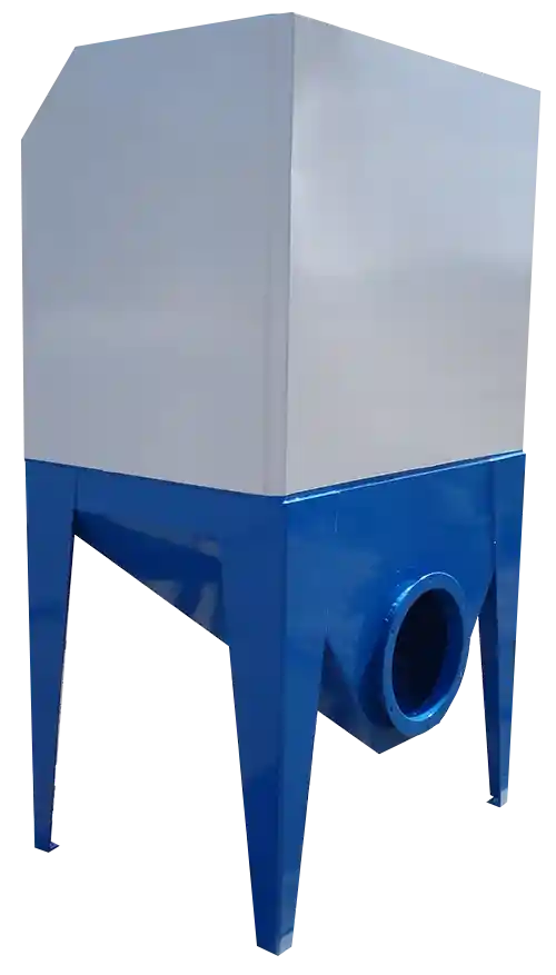 Dura-Bench Workstation Rear View Dura-Bench workstation rear view by ProVent, featuring a white and blue structure with an air intake port at the bottom, designed for efficient dust and particulate collection in industrial settings.