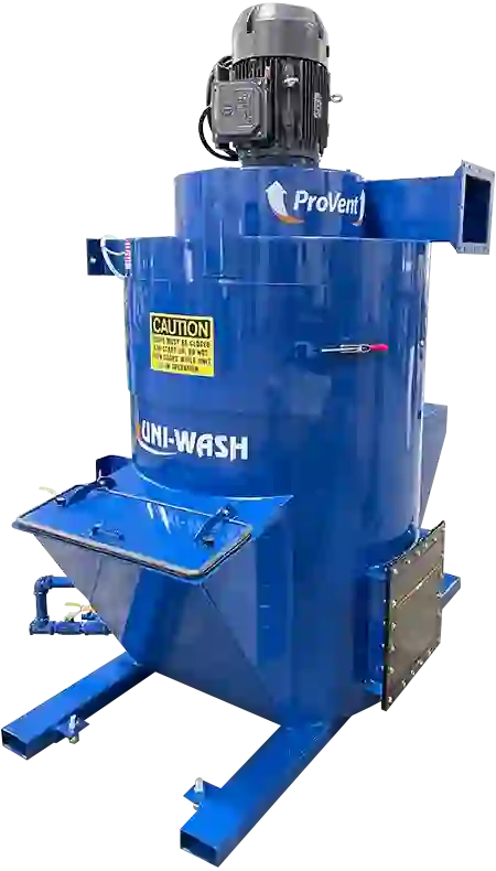 UNI-WASH UC Series Machine Blue ProVent Uni-Wash UC-30 industrial dust collector with a caution label, featuring a powerful motor and sturdy base, designed for efficient air filtration in industrial applications.