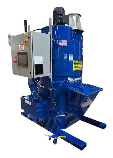 ProVent Uni-Wash wet dust collector with integrated control panel and caution labels, designed for industrial air cleaning and dust collection in manufacturing environments.