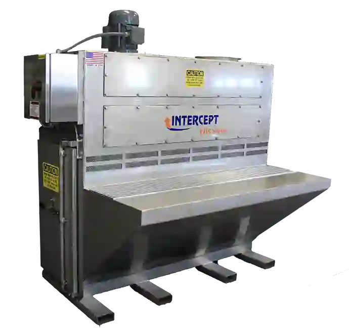 Stainless steel industrial dust collection system labeled 'INTERCEPT PDM Series,' featuring a large motor mounted on top and sloped panels for optimal airflow and dust filtration in a manufacturing or workshop environment.