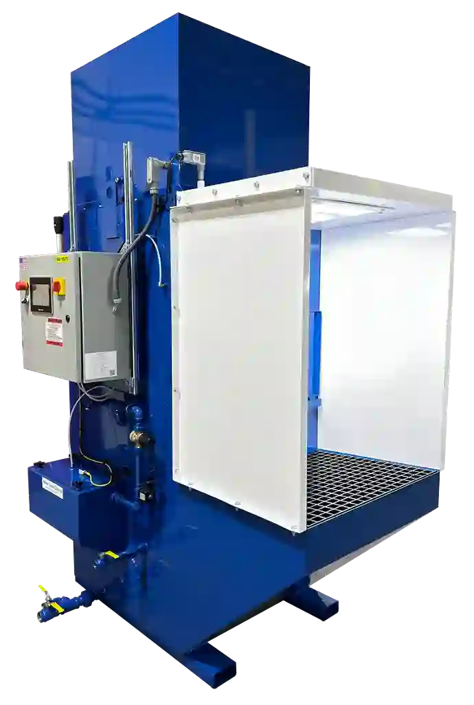 Blue painted downdraft bench with white side and ceiling panels and LED lighting