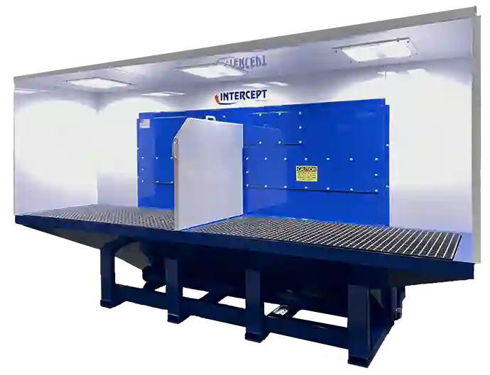 ProVent Intercept industrial dust collector with a grated work surface, overhead lighting, and installed center partition, designed for efficient dust and particle collection in an enclosed workspace.
