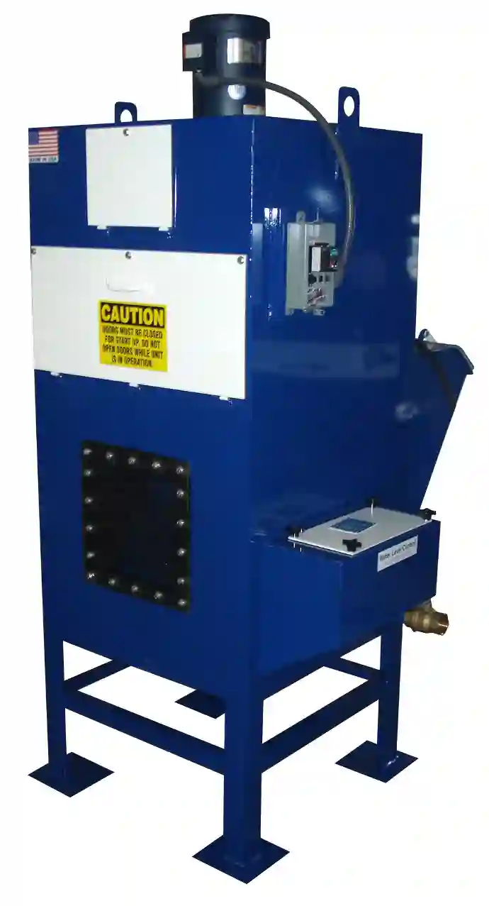 Compact ProVent industrial dust collector unit with caution label, control panel, and water level control feature, designed for effective dust filtration in small to medium industrial settings.