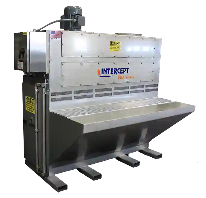 Stainless steel industrial dust collection system labeled 'INTERCEPT PDM Series,' featuring a large motor mounted on top and sloped panels for optimal airflow and dust filtration in a manufacturing or workshop environment.