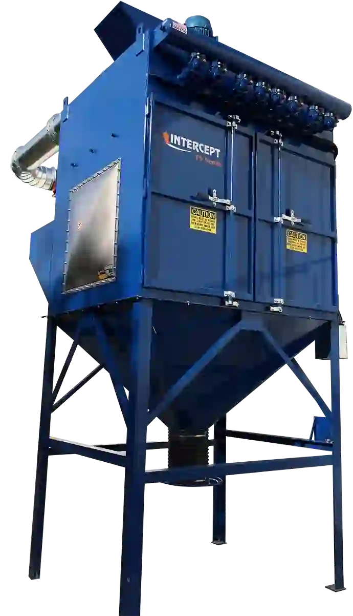 Industrial dust collection system from ProVent's Intercept PV Series, featuring a large blue unit with dual access doors and a conical base for debris collection. The machine is designed for efficient dust control and filtration in industrial settings, standing on a sturdy frame with a connected ducting system.
