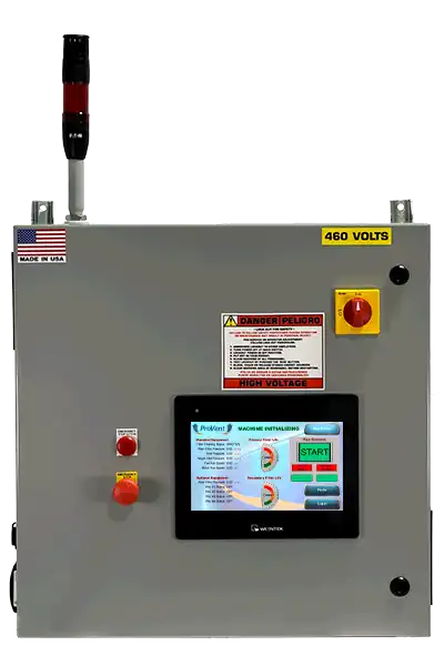 Control panel with 10 inch touchscreen e-stop with red light and alarm stack