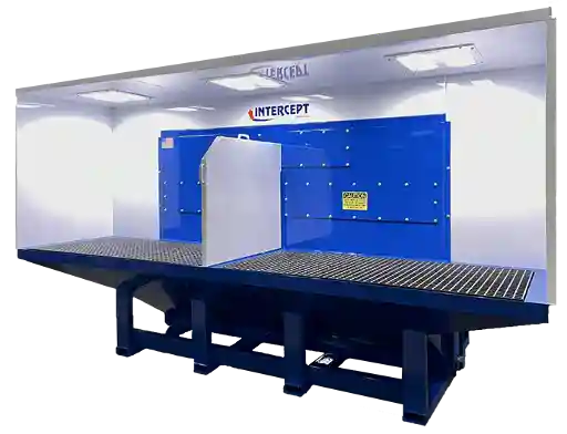ProVent Intercept industrial dust collector with a grated work surface, overhead lighting, and installed center partition, designed for efficient dust and particle collection in an enclosed workspace.
