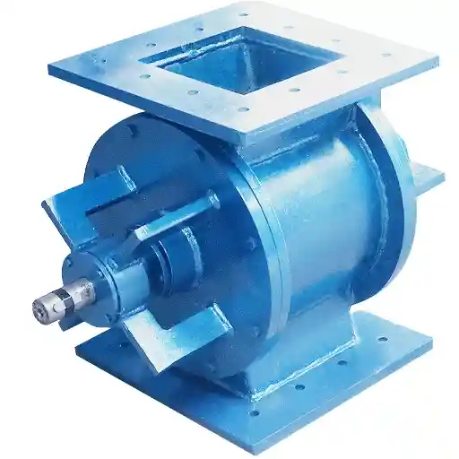 Blue rotary airlock valve, used in industrial dust collection and material handling systems, featuring a cylindrical body with flanges and a square inlet/outlet.
