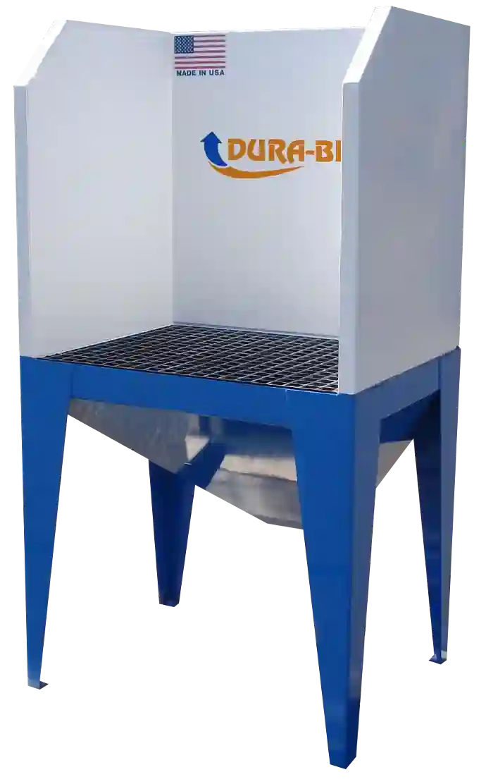Dura-Bench Workstation Dura-Bench workstation by ProVent, showcasing a durable white and blue design with a grated work surface, side and back panels for containment, and an American flag emblem indicating it is made in the USA.