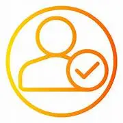 Orange outline icon of a person with a checkmark, representing user verification or profile approval.