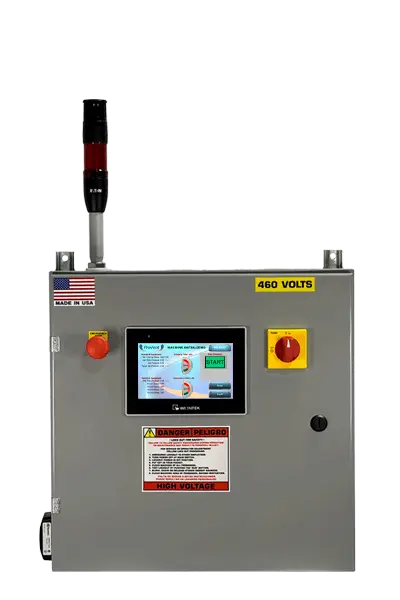 Control panel with 7 inch touchscreen e-stop and alarm stack