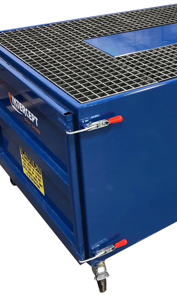 Intercept WDT Series walk-around downdraft table deck Close-up of the Intercept WDT Series walk-around downdraft table from ProVent featuring the grated work surface and durable low-profile design for source capture dust collection.