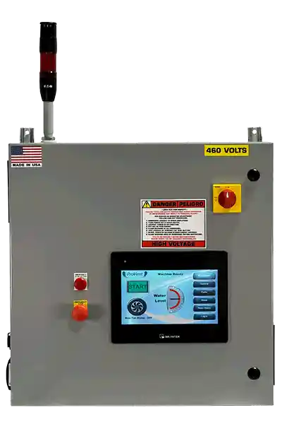 Industrial control panel with a ten inch digital touchscreen, emergency stop button, and high voltage warning label, rated at 460 volts, featuring a Made in USA flag.