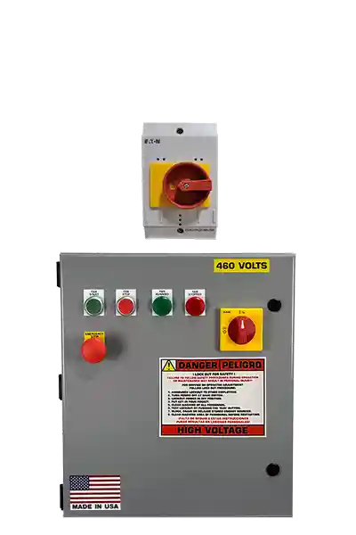 Industrial combo control panel with multiple switches, high voltage warning, and emergency stop button, featuring a Made in USA flag and a 460 volts power rating.